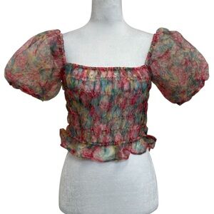 Oscar Street Floral Puff Sleeve Smocked Crop Blouse